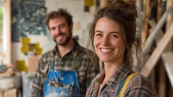 Two smiling artists pose in a workshop filled with tools and colorful materials photo