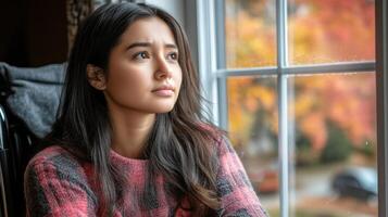 A young woman reflects quietly by a window on an autumn afternoon, surrounded by vibrant foliage photo