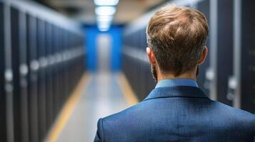 Man in business attire stands in a data center, viewing numerous server racks in a modern environment photo