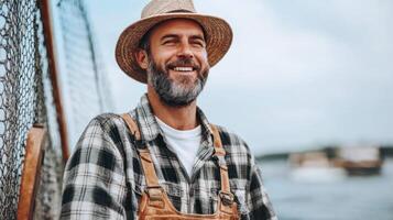 Fisherman with a beard enjoys the morning by the water, wearing a hat and overalls while smiling photo