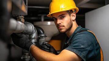 Skilled plumber inspects pipes in a basement, wearing gloves and a hard hat while focused and alert photo