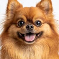 A happy pomeranian dog showcases its fluffy coat and playful personality, smiling brightly at the camera photo