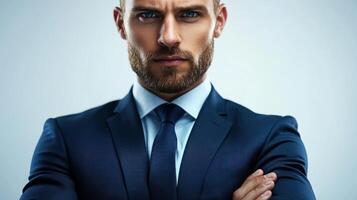 A young man stands with arms crossed, wearing a tailored suit and projecting confidence and professionalism photo