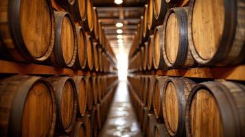 Wooden barrels are neatly arranged in a dimly lit storage space, creating a cozy atmosphere photo