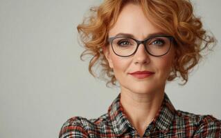 A charismatic woman with red curly hair and glasses confidently poses, showcasing her style and expression photo