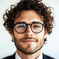 A man with curly hair smiles warmly while wearing glasses, showcasing confidence and approachability photo