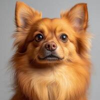 A small brown dog with a fluffy coat is looking directly at the camera, exuding curiosity and charm photo