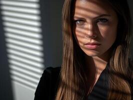 Sunlight casts striking shadow patterns on a womans face as she gazes confidently at the camera photo