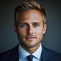 Young man in stylish suit and hair, confidently lit by evening light photo