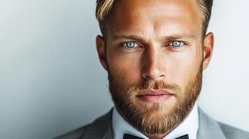 Stylish man with blue eyes and a beard showcases a poised expression in formal attire photo
