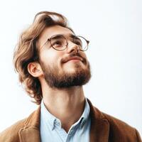 Man with glasses gazes upwards, displaying a thoughtful expression in a soft light environment photo