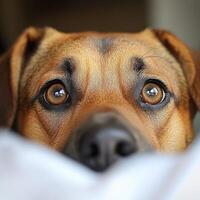 A dog gazes curiously with bright eyes while resting indoors under soft light photo