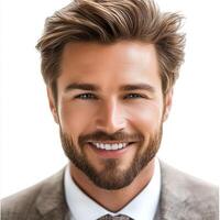 Man exudes confidence with a warm smile, dressed in a suit, framed by a bright and simple background photo
