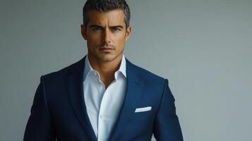 Man dressed in a fitted blue suit stands with a serious expression against a smooth background photo