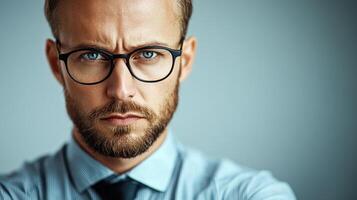 Young man with glasses shows an intense expression, embodying focus and professionalism in a simple setting photo
