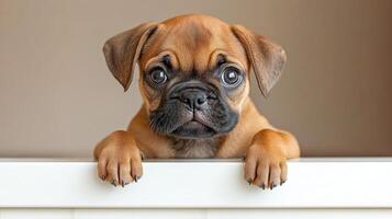 A playful puppy with droopy ears and large eyes curiously looks over a white surface in a cozy indoor setting photo