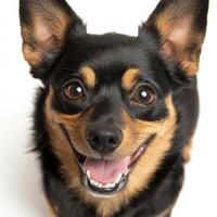 Small dog with black and tan fur enjoys being photographed indoors under bright lighting photo