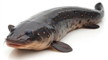 Freshwater fish showcases vibrant spots and smooth texture while resting on a clean surface photo