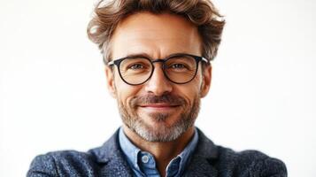 Man with curly hair and stylish glasses smiles warmly while standing indoors photo