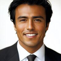 A man in a suit is smiling confidently with a well groomed appearance in bright light photo