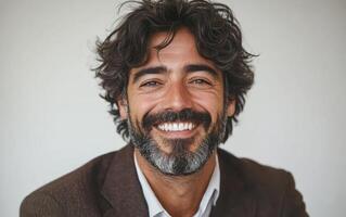 Man with curly hair and a beard smiles warmly while wearing a brown jacket, showing joy and confidence photo