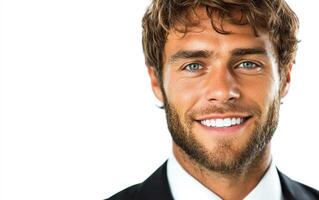 Man with blue eyes and a beard showcases a warm smile while dressed in a formal suit photo