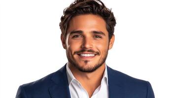 Man shows a confident smile while dressed in a blue suit with a white shirt in an illuminated studio photo