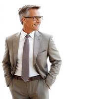Confident man dressed in a suit stands with hands in pockets, smiling brightly in a welcoming environment photo