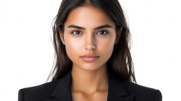 Young woman shows confidence and poise while maintaining a serious expression in front of white background photo