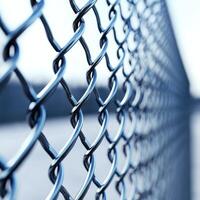 Metallic chain link fence stretches into the distance showcasing its shiny texture against a clear sky photo
