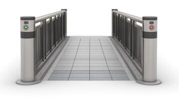 Pedestrian bridge features bright safety signals, providing a secure crossing between city locations photo
