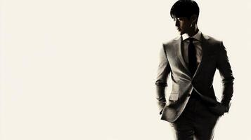 A man in a sleek suit stands with a confident posture in a minimalistic studio, emphasizing elegance photo