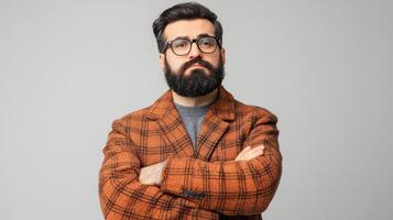 A man with a beard stands with crossed arms, wearing a plaid coat and glasses, displaying confidence photo