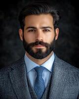 A well dressed man stands with confidence, showcasing a stylish suit and a groomed beard in a studio photo