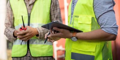Logistics engineer using a tablet for project management and communication. photo