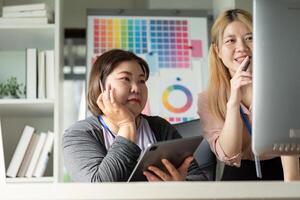 Creative brainstorming session for graphic design and teamwork in a vibrant studio photo