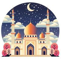 Mosque with some clouds stars and moon in the sky isolated on white background vector