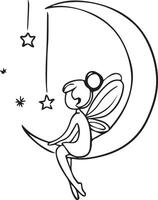 Cute hand drawn illustration of a cute little fairy sitting on a crescent moon and reading a book. vector