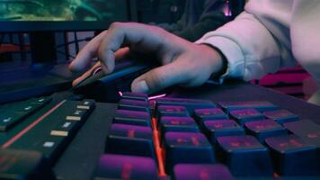 Frustrated Caucasian blogger male guy modern cyber sport host influencer addict man touch keyboard streamer lose game vlogger playing gaming computer at home upset gamer defeat difficulty neon stream photo