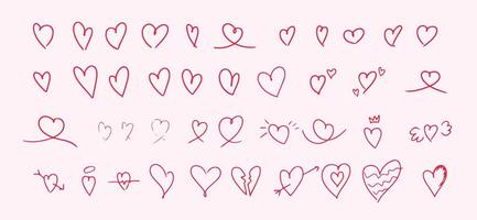 Set of pink hearts in different pose. Collection of heart illustration with different style. Hand drawn rough marker hearts. vector