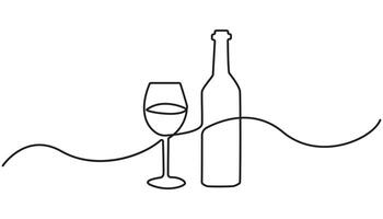 Wine bottle and wine glass drawing with one continuous line. One continuous line of a bottle and wine glass. illustration vector