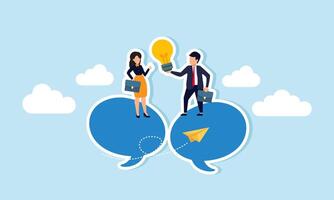 A businessman carries a lamp, and another businessman gives appreciation with a thumbs-up, both standing on a text dialog, illustration of sharing business ideas vector