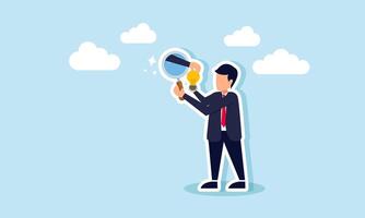 A businessman observes a lit lamp with a magnifying glass, but a hand emerges from the glass trying to take the lamp, illustration of sabotage in analyzing business ideas vector