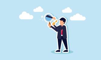 A businessman observes a lit lamp with a magnifying glass, but a hand emerges from the glass trying to take a key, illustration of sabotage in analyzing and finding business solutions vector