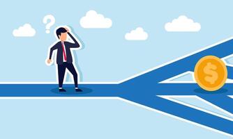 A businessman looks confused while standing on a branching road, with a dollar coin on one path, illustration of confusion in applying financial management strategies vector