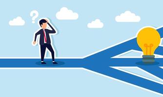 A businessman looks confused while standing on a branching road, with a lamp on one path, illustration of confusion in choosing the right business idea and innovation vector