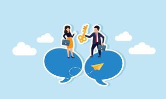 A businessman carries a lamp, and another businessman gives appreciation with a thumbs-up, both standing on a text dialog, illustration of sharing business problem-solving vector