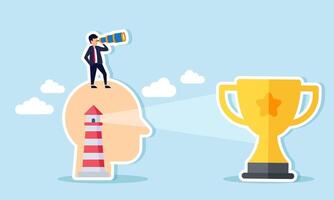 A businessman peering through a telescope from atop a head containing a lighthouse, its light shining on a trophy ahead, illustration of analyst in a strategy to become a leading company vector