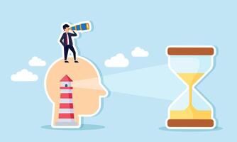 A businessman peering through a telescope from atop a head contain a lighthouse, its light shining on an hourglass ahead, illustration of analyst in perform business tasks efficiently vector