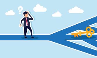 A businessman looks confused while standing on a branching road, with a dollar coin on one path, illustration of confusion in deciding the right approach to solving business problems vector